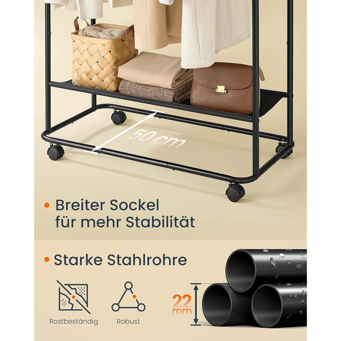 Вішалка для одягу на колесах, Підставка для гардеробу, 2 рейлінги для одягу, Полиця, Бічний органайзер, Гачки у формі сірників, Міцна, Спальня, Коридор, Чорний колір HSR171B01 50Г x 189.6В см