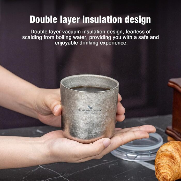 Титанова кружка Boundless Voyage з подвійними стінками та кришкою, 240 мл, надлегка, для чаю, кави, використання на свіжому повітрі, кемпінгу, пікніків, походів, подорожей, домашнього використання, Ti3238D
