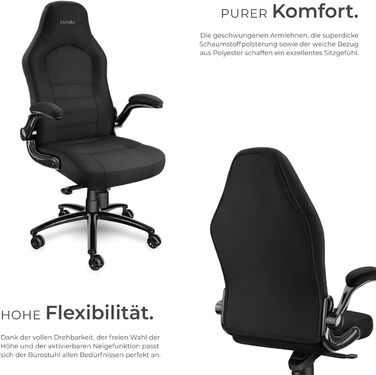 Офісний стілець tectake, стілець для роботи з відкидними підлокітниками та функцією гойдання, регульований по висоті обертовий стілець з колесами, крісло керівника з тканинною оббивкою, ергономічний офісний стілець, комп&39ютерний стілець - чорний 404736