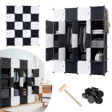 Система полиць, вставний стелаж із пластику, шафа з дверима та рейкою для одягу, шафа для спальні, комбінована шафа для одягу, книг, іграшок (20 кубиків, білий та чорний)