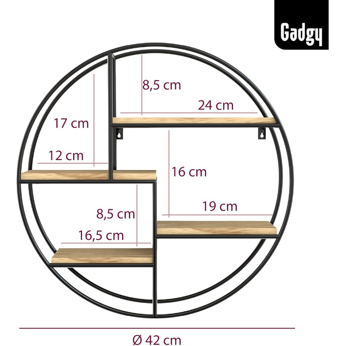 Настінна полиця Gadgy кругла - Настінна полиця з 4 полицями - Настінна полиця з дерева та звареного надтовстого металу - Оздобленн
