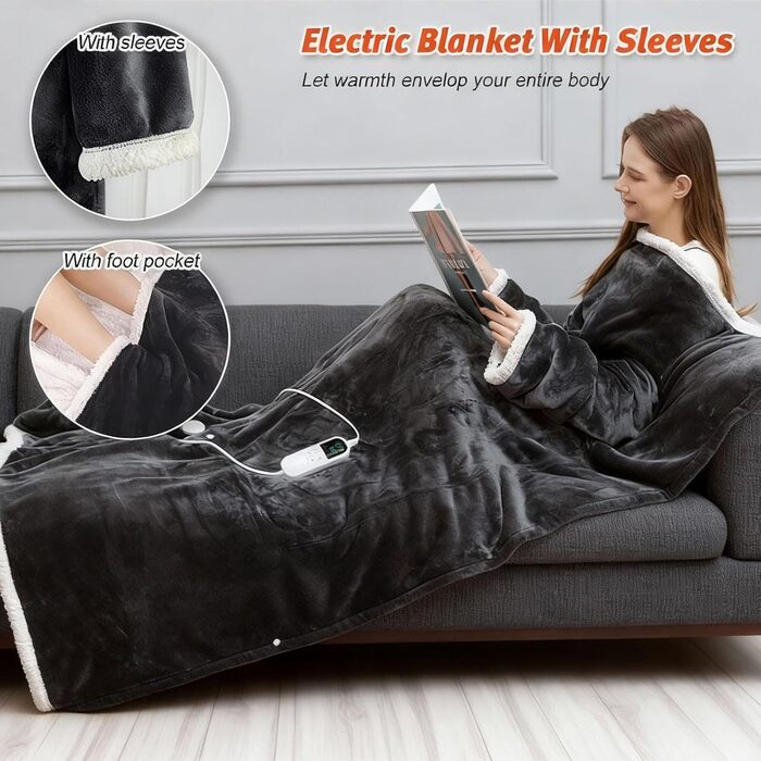 Підігріта ковдра, портативна підігріта ковдра з рукавами та кишенею для ніг з 6 регульованими налаштуваннями температури, автоматичним вимкненням через 2-10 годин, швидким розігрівом, ідеально підходить як подарунок для родини та