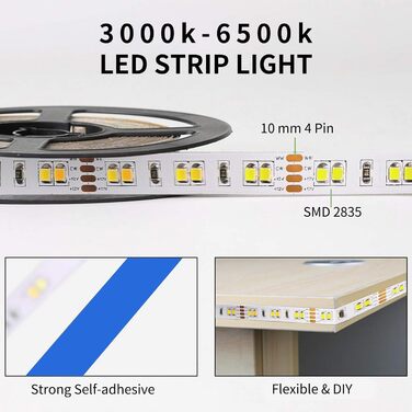 Світлодіодна стрічка BUNACET 24 В з можливістю затемнення теплий білий 3000K-6500K Холодний білий, світлодіодна стрічка Смуги Світло Біла 960 світлодіодів з радіочастотним пультом дистанційного керування Блок живлення для кухні, шафи, шафи, приміщення (32