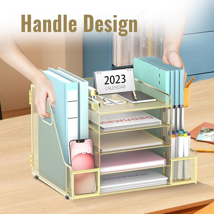 Настільний органайзер SUPEASY Grid з тримачем для файлів, 5-шаровий лоток для паперу та листів з тримачем для журналів, настільний органайзер та блок зберігання, золотистий