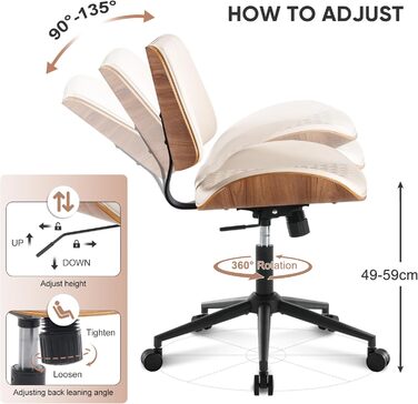 Офісний стілець без підлокітників, стілець для столу, шкіра та дерево, сучасний стілець для домашнього офісу, функція гойдання, вантажопідйомність до 136 кг, регульована висота, поворотне крісло на 360 для кабінету, спальні, домашнього офісу, бежевий