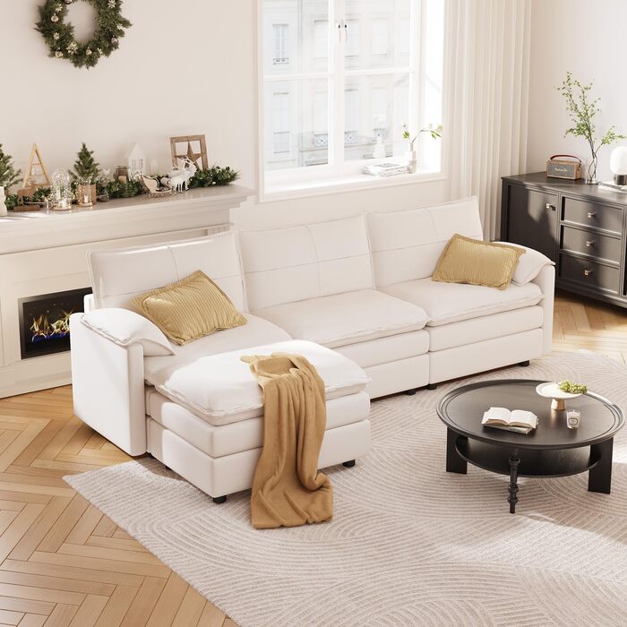 Диван FLEXISPOT на 4 особи, L-подібний кутовий диван з пуфом та місцем для зберігання речей, модульний компактний диван для вітальні, білий, 255 x (7258) x 116 см