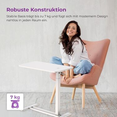 Бічний столик Spacetronik з регульованою висотою, мобільний журнальний столик з прихованими колесами, столик для ноутбука з ручним регулюванням висоти 66106 см, тумбочка для дивана, ліжко (білий/дерево, 80x45 см) білий/дерево 80x45 см