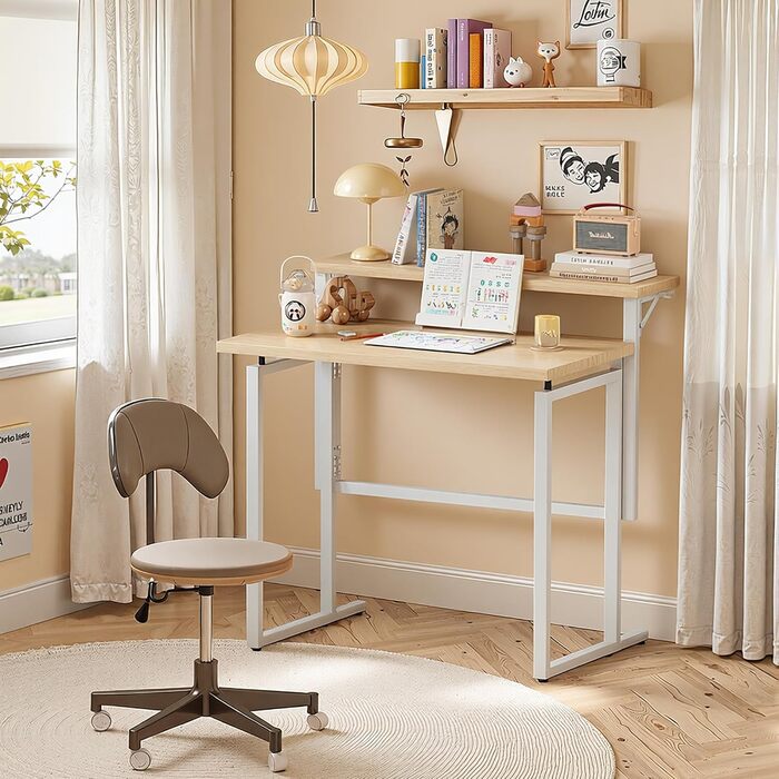 Складаний стіл, 80 см, невеликий стіл з полицею для монітора, 2-ярусний складаний стіл для домашнього офісу, офісу, школи, комп&39ютерний стіл для невеликих приміщень, бежевий