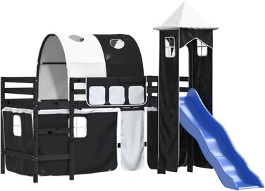 Меблі для дому Інструменти Дитяче ліжко-горище з вежею, біло-чорне, 90 x 200 см, масив дерева, сосна