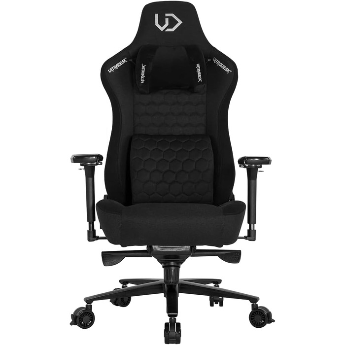 Офісне крісло, стілець для роботи, поперекова підтримка, 2 подушки з піни з ефектом пам&39яті, обертове крісло, підлокітники, регулювання висоти за допомогою газової пружини, ролики з фіксацією, металевий каркас, наповнювач з піни, чорний