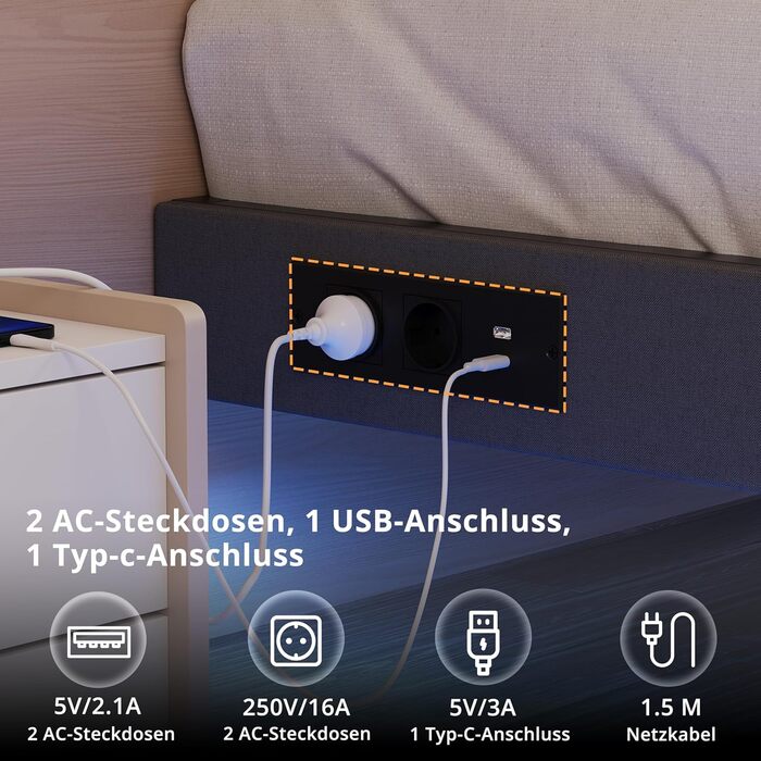 Ліжко IRONCK 140x200 зі світлодіодним освітленням та зарядною станцією, каркас ліжка 140x200 см з м&39якою оббивкою, плаваючий каркас ліжка, каркас ліжка 140x200 см, дитяче ліжко, металеве ліжко з рейковою основою, двоспальне ліжко, сірий колір