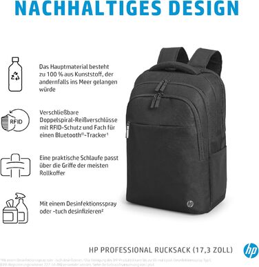 Рюкзак для ноутбука HP Professional 17,3 дюйма, водовідштовхувальний, захист RFID, перероблені матеріали, подвійна застібка-блиска
