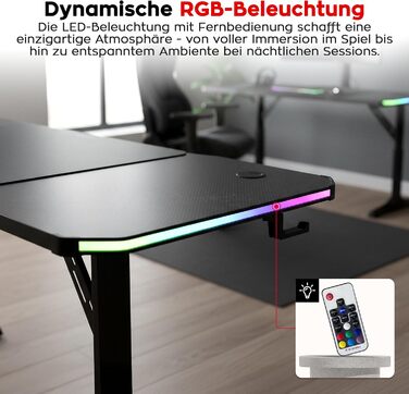 Ігровий стіл huzaro Hero 4.6 RGB - Регульована висота* - Стіл 160x60 см - Поверхня з вуглецевого волокна - Організатор кабелів - Підстаканник та тримач для навушників - ПК-стіл для офісу/домашнього офісу - Чорний RGB