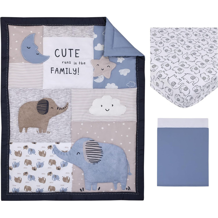Шамбре, темно-синій, сірий і білий слон, місяць, хмари і зірки, комплект постільної білизни з 3 предметів для дитячого ліжечка, ко