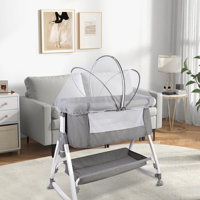 Дитяче ліжечко Side-by-Side, дитяче ліжечко 2-в-1 від народження до 25 кг, додаткове ліжко з 6 регулюваннями висоти, з матрацом/відкидною бічною панеллю/колесами, ліжечко з сітчастої тканини - 80 x 40 x 100-115 см - льон 80 x 40 x 100-115 см - льон