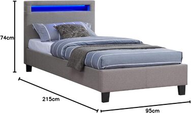 М'яке ліжко Гімалаї зі світлодіодним підсвічуванням односпальне молодіжне ліжко 90x200 см з рейковим каркасом, в сірому тканинному