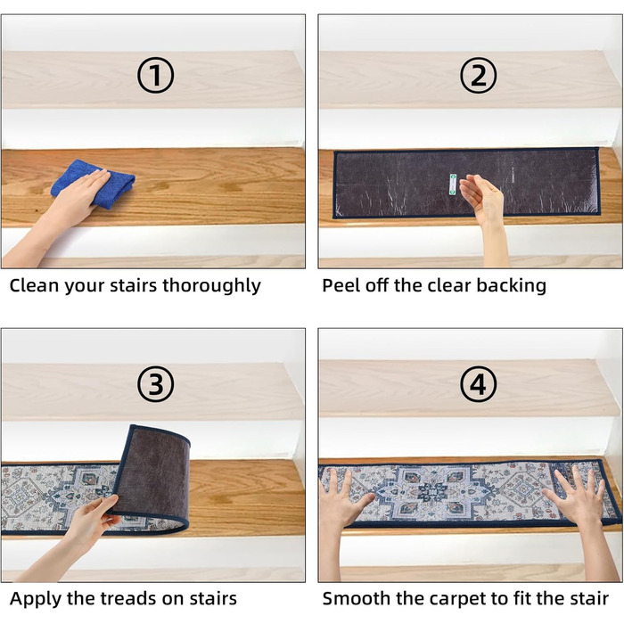 Килимки для сходів YISUN з принтом 65x20 см, знімні та миючі протиковзкі килимки, самоклеючі килимки для сходів, килимки для сходів в приміщенні, для кухні, спальні, дітей, людей похилого віку, собак, синього кольору