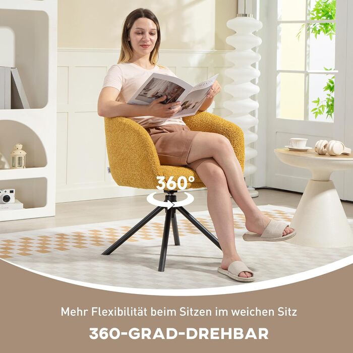 Обертове крісло для вітальні HOMCOM, крісло-гойдалка, розкладне крісло з металевими ніжками, крісло для читання з лляним виглядом, м&39яке крісло для спальні, жовте