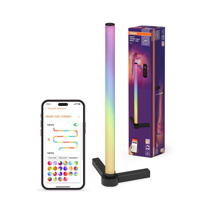 Розумна світлодіодна кутова настільна лампа Osram Smarte LED, 7.5 Вт, Magic RGB (кольори та ефекти), чорна, з пультом керування, IP20, диммер, 40 см