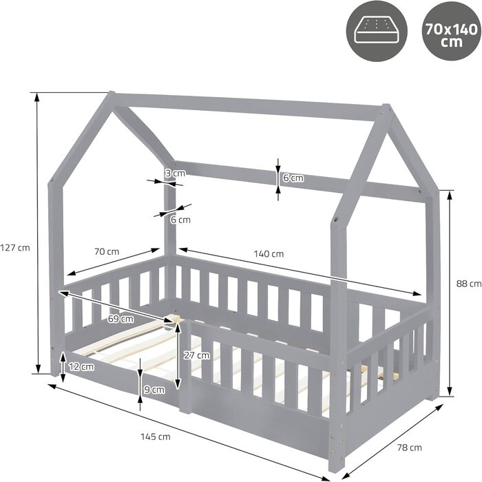 Дитяче ліжко ML-Design 70x140 см світло-сірого кольору з матрацом, поручнями, дахом та рейковою основою, ліжко-будиночок для дівчаток та хлопчиків, ліжко-будиночок із сосни, ігрове ліжко, підлогове ліжко, дитяче ліжко, дерев&39яне ліжко-будиночок 70 x 140