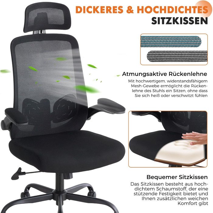 Ергономічне офісне крісло Sweetcrispy з підголівником та регульованими підлокітниками, функція повороту на 360, регульоване по висоті ігрове та робоче крісло для домашнього офісу та офісу, чорне, відкидні підлокітники