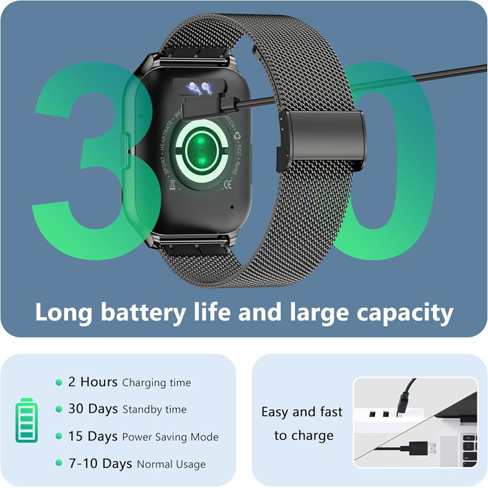 Розумний годинник для чоловіків та жінок, 2,01-дюймовий фітнес-трекер з функцією телефону/голосового помічника/нагадування про повідомлення, фітнес-годинник з монітором серцевого ритму та сну (чорний метал чорний силікон) ЧорнийЧорний