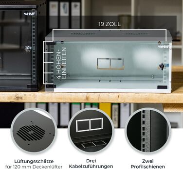 Мережева шафа HMF 65704-02, серверна шафа 19 дюймів 4U Глибина 400 мм скляні двері чорний 4U чорний