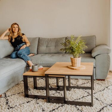 Дерев&39яний стіл для вітальні LEHMANN, комплект журнальних столиків із 2 шт. у 2 розмірах, дерев&39яний приставний столик, стіл для вітальні для дивана з чорним каркасом та дерев&39яною стільницею, комплект приставних столиків для вітальні, простий сучас