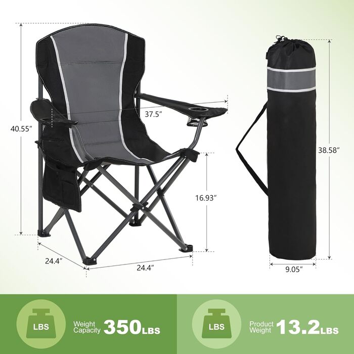 Крісло для кемпінгу LET&39S CAMP, складне крісло, складане рибальське крісло з тримачами для напоїв та сумкою для перенесення, складне крісло XL до 160 кг, чорно-сіре