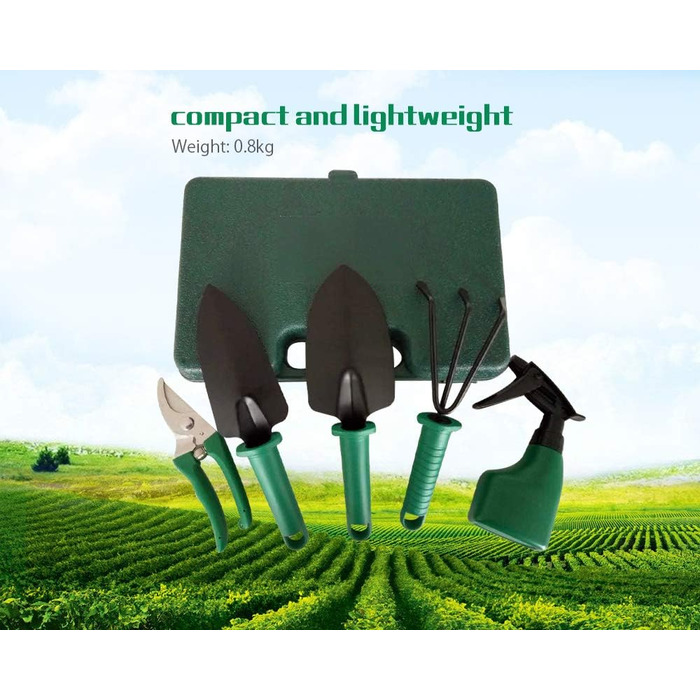 Набір садового інструменту 5 в 1 лопатка, секатор, граблі, розпилювач води та сумка для зберігання