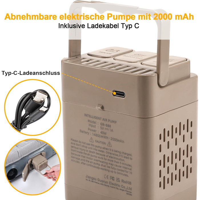 Надувний матрац KMZ SUV із вбудованим електричним насосом - потовщений та флокований матрац для подорожей та кемпінгу - вантажопідйомність 300 кг - сірий