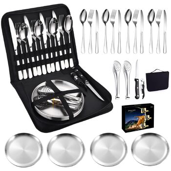 Набір посуду для кемпінгу для 4 осіб, 20 предметів, набір столових приборів для кемпінгу, нержавіюча сталь, з ложкою, виделкою, ножем, тарілкою та затискачем для кемпінгу, пікніків та подорожей, сріблястого кольору