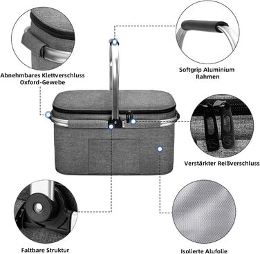 Велика складна ізольована сумка-холодильник - кошик для покупок з кришкою, знімний кошик для пікніка на 2 особи, кошик-холодильник з алюмінієвою рамою, потовщений термокошик - з 2 пакетами льоду XL чорного кольору