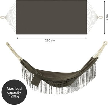Бавовняний гамак для вулиці та дому - 220 x 115 см - Гамак з тканини в стилі бохо - Гамак для саду або балкону - Вуличний гамак - Темно-сірий