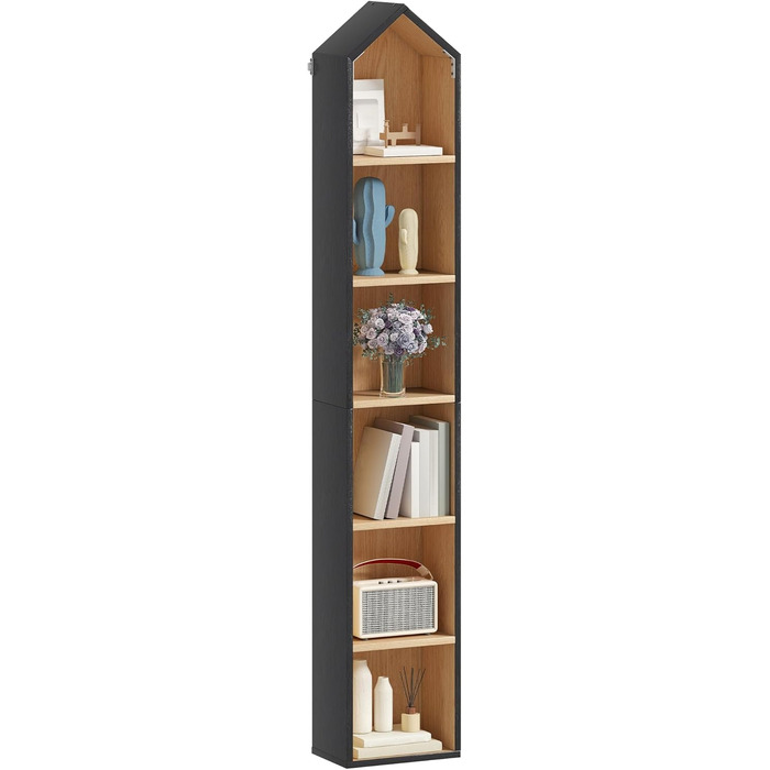 Висока вузька книжкова полиця, кутова тонка у формі будинку, 6-ярусна окремостояча книжкова полиця, компактний дизайн для зберігання речей у домі та офісі, чорний та дубовий, 30Ш 23,5Г 181В см, 2 шт. чорного кольору*2 шт. 23,5Г x 30Ш x 180В см
