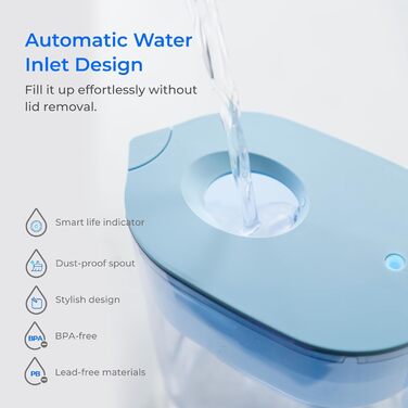 Глечик Waterdrop Lucid Water Filter Pitcher з 190-денним фільтром, 3,5 л, зменшує вміст фтору, хлору тощо, сертифікований NSF, без бісфенолу А, синій (замінний фільтр WD-PF-01A Plus)