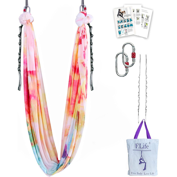 Комплект для йоги F.Life Aerial Yoga Hammock - Йога-гойдалка різнокольорова, 5 ярдів - Літаюча йога, включає ланцюжок з ромашок, карабін та посібник з поз, Bunte Wolken