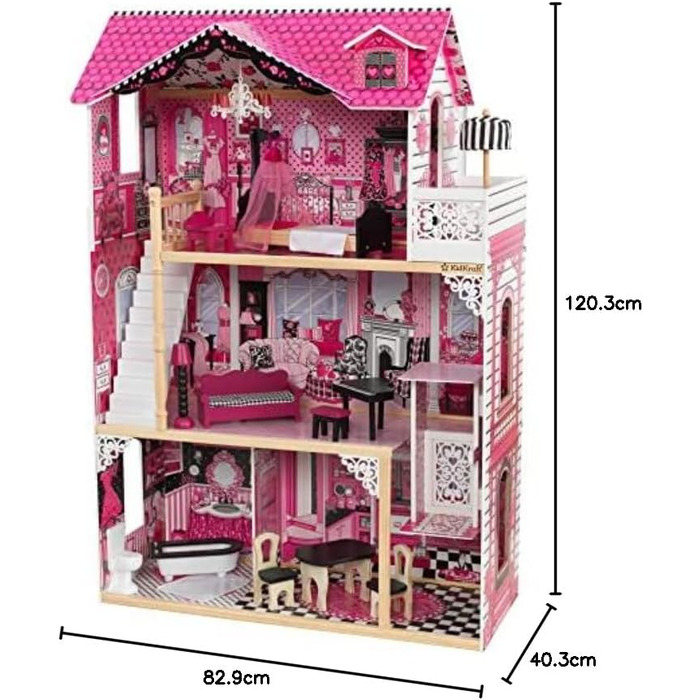 Дерев&39яний ляльковий будиночок KidKraft Amelia з меблями та аксесуарами, ігровий набір з балконом та ліфтом для ляльок 30 см, іграшка для дітей віком від 3 років, 65093