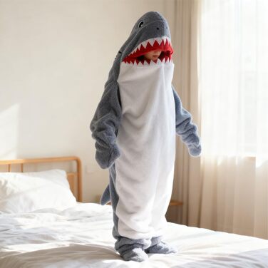 Толстовка з капюшоном FARYODI з акулою та рукавами S-XXL, толстовка з капюшоном та спальним мішком з акулою, фланелевий комбінезон з акулою та ніжками, фланелева ковдра з акулою, подарунок для мультяшних піжамних вечірок M (140-155 см) сіро-блакитна