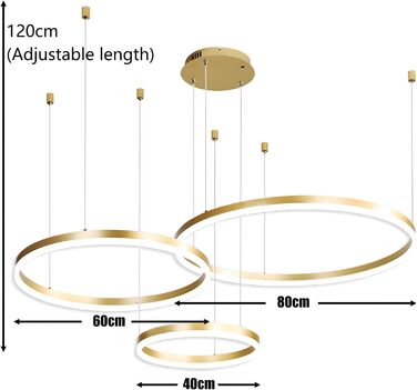 Металева світлодіодна люстра WayLuoung 3 кола 204060см Стельовий підвісний світильник 45 Вт, пульт дистанційного керування з регулюванням яскравості 3000-6000K, підвісний світильник з акриловим абажуром, вітальня Спальня Фойє Їдальня(Золотий, 3806040 см 9