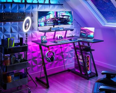 Ігровий стіл ODK зі світлодіодним освітленням та розетками, L-подібний ігровий стіл 100 см з місцем для зберігання, кутовий стіл з підставкою для монітора, комп&39ютерний стіл з вуглецевого волокна, чорний