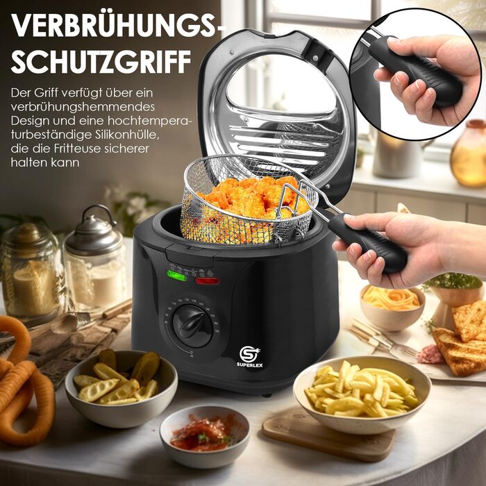 Літрова електрична фритюрниця з олією 1300 Вт, ємність 1,3 кг Компактні фритюрниці, знімний сталевий кошик, відро з антипригарним покриттям, кришка з ілюмінатором, регульована температура 80-190C, 2-