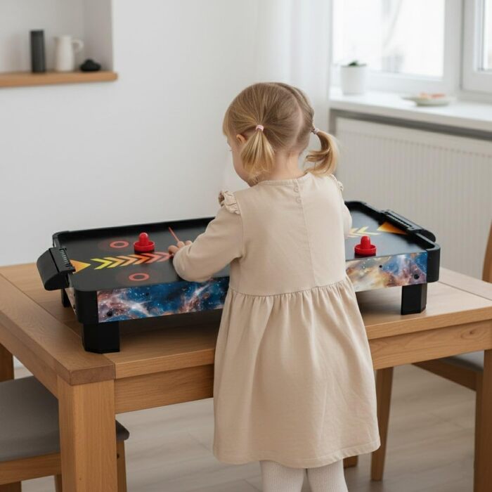 Стіл для аерохокею для дітей віком від 6 років, гра в аерохокей для столів з вентилятором/двигуном, стільниця для аерохокею для 2 гравців, включаючи 4 шт. овхачі, 4 шайби, лічильник рахунків, режим нульової гравітації 102x52x20 см