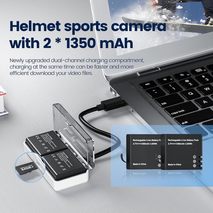 Екшн-камера 4K 60FPS із сенсорним екраном, картою пам&39яті 64 ГБ, HD 48MP 40M Водонепроникна підводна камера 8-кратний зум, WiFi EIS камера на шоломі, екшн-камера з дистанційним керуванням, 2 батареї 1350 Вт - комплект аксесуарів Cam-A16 Pro