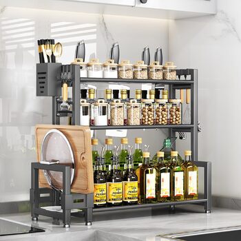 Стелаж для спецій Devesanter, 3 яруси, кухонна полиця для банок для спецій великої місткості, металевий органайзер для зберігання на стільниці з тримачем для обробної дошки, тримач для посуду, з 6 гачками, сірий, 3 яруси, металевий, сірий