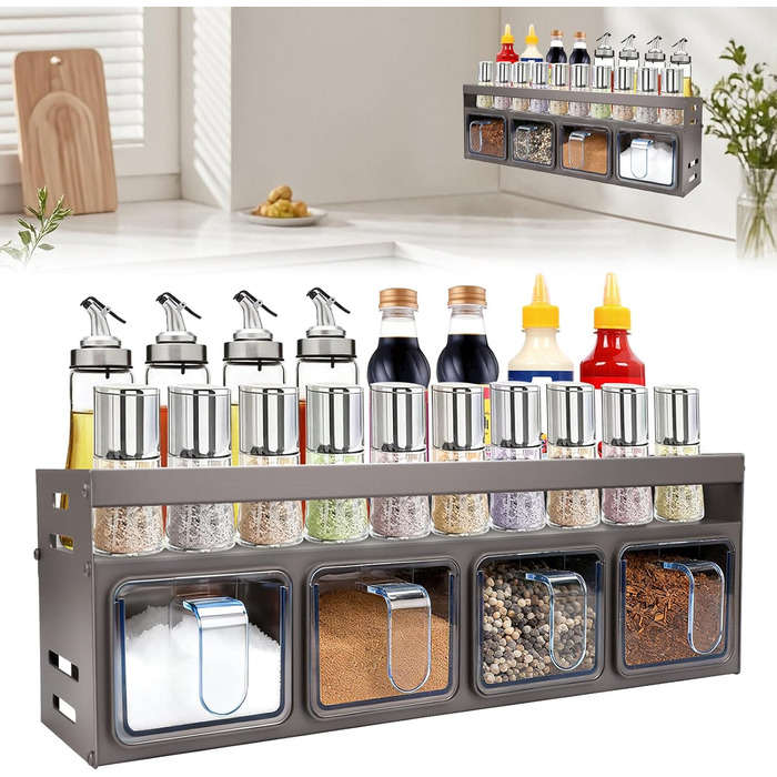 Підставка для спецій з банками для спецій, окремостояча та настінна підставка для спецій, банки для спецій з полицею, підвісна підставка для спецій (не потребує свердління) з 4 коробками для спецій, тонкий металевий органайзер для спецій на кухонну стільн