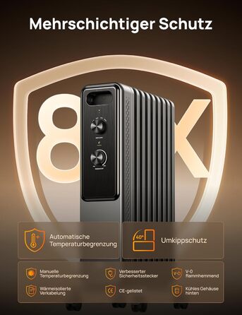 Масляний радіатор Dreo з 9 ребрами, тихий електричний обігрівач потужністю 2000 Вт для спальні, захист від перегріву та перекидання, регульований термостат, блокування від дітей, енергозбереження