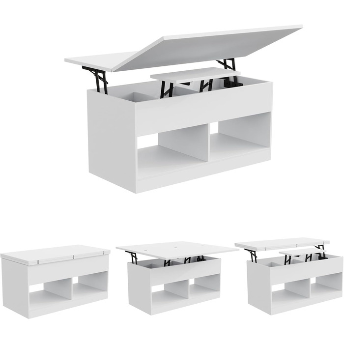 Журнальний столик, стіл для вітальні з регульованою висотою, журнальний столик з підйомною верхньою частиною, 2 відкритих відділення та приховане місце для зберігання, прямокутний бічний столик-диван, можна перетворити на обідній стіл, білий метал