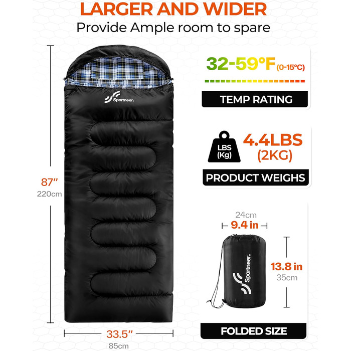 Спальний мішок Sportneer для активного відпочинку - Фланелевий зимовий спальний мішок 220 x 85 см, Компактний спальний мішок-ковдра на 3-4 сезони, Холодна погода, Зимовий кемпінг на свіжому повітрі, Чорний