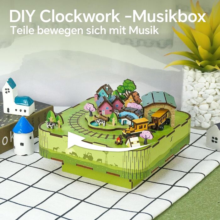 Музична скринька Tonecheer Дерев'яний 3D-пазл, набір моделей для сім'ї котів своїми руками для дорослих, обертова музична шкатулка, дерев'яні пазли Подарунки для прикраси будинку Подарунок на день народження Різдвяний підліток (співає на лузі)